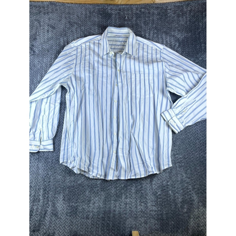 Old Navy Mens XL White Blue Striped Cotton Casual Button Up Shirt